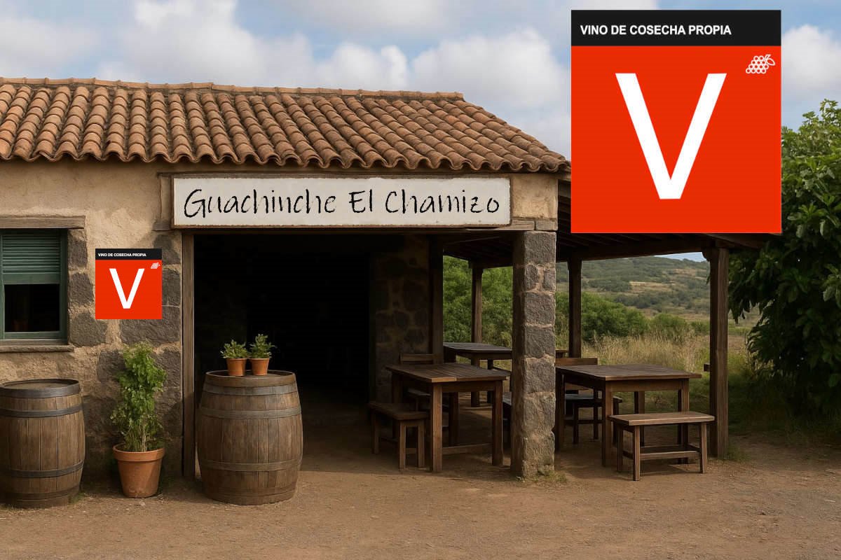 Cartel-rojo-con-letra-V-blanca-texto-Vino-de-cosecha-propia-y-dibujo-de-racimo-de-uvas-se-obliga-a-ponerlo-en-los-guachinches-de-Tenerife_tras el cartel se puede ver una casa antigua con unas barricas por fuera y unas mesas mas atrás se ve el campo y el cielo azul colgando en la fachada un cartel que pone guachinche el chamizo