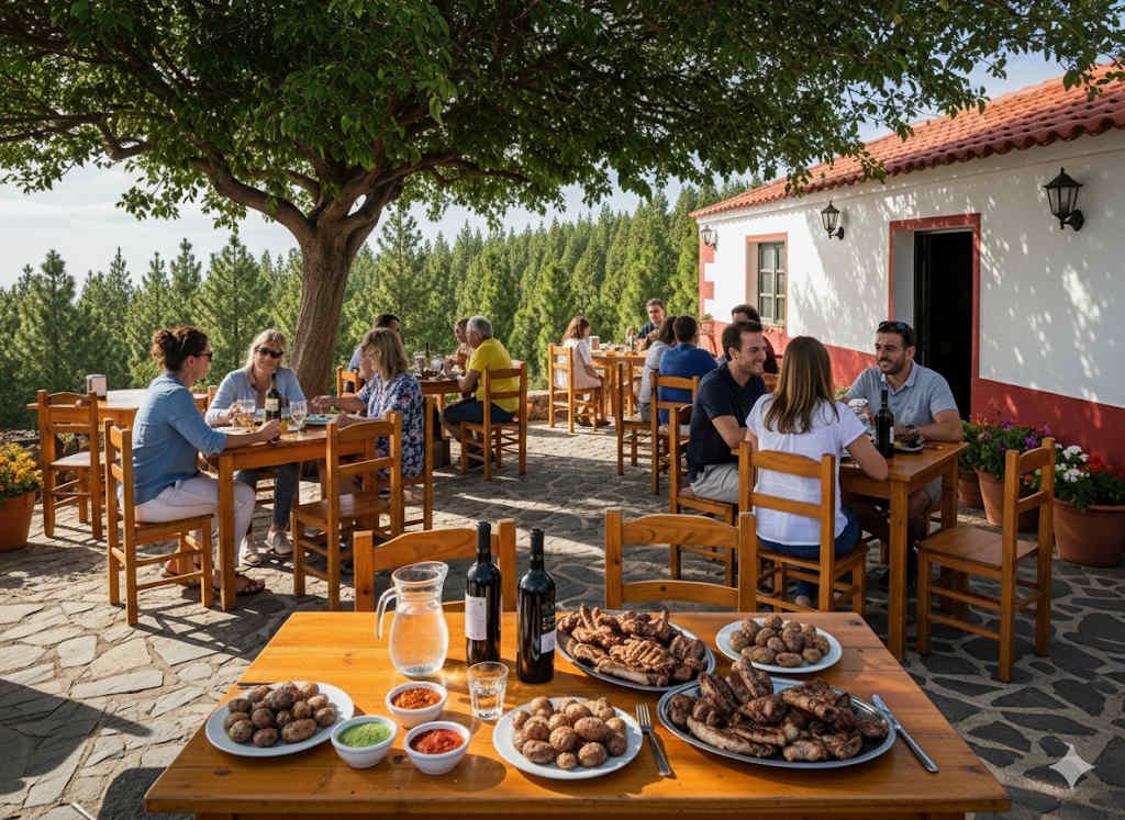 Un guachinche canario rústico y casual al aire libre, con clientes disfrutando en mesas con platos de papas arrugadas, carne a la brasa, y vino. Al fondo se aprecian las laderas y pinos canarios