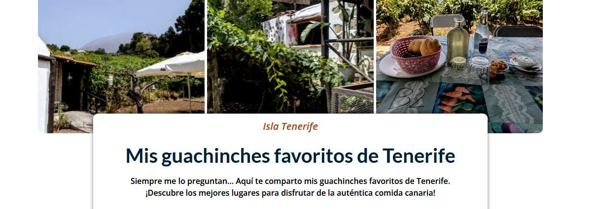 Una composición de tres fotos que muestra el exterior rústico de un guachinche en Tenerife, con viñedos y vegetación, y un primer plano de una mesa con platos de comida típica canaria y una botella de vino blanco