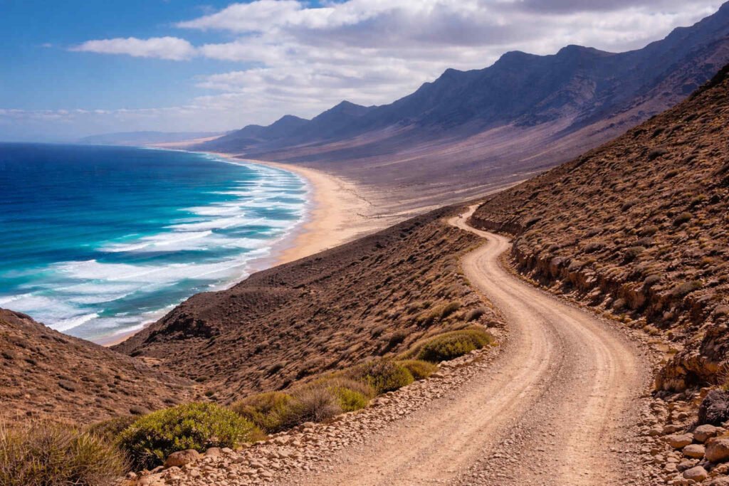 Camino de tierra serpenteante hacia la Playa de Cofete en Fuerteventura, con montañas áridas a un lado y el océano Atlántico azul intenso extendiéndose junto a la costa salvaje.