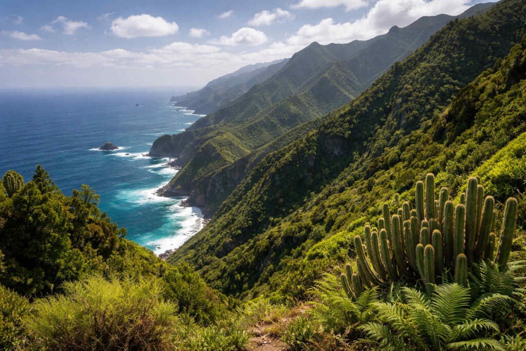 Acantilados verdes del Parque Rural de Anaga descendiendo hacia el océano Atlántico, con laurisilva densa, cardones en primer plano y mar azul al fondo en Tenerife