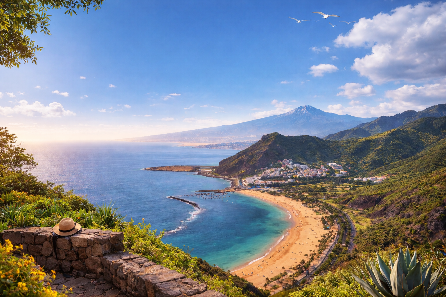 Vista panorámica de la playa de Las Teresitas en Tenerife con arena dorada, mar turquesa, el macizo de Anaga y el Teide al fondo desde un mirador natural
