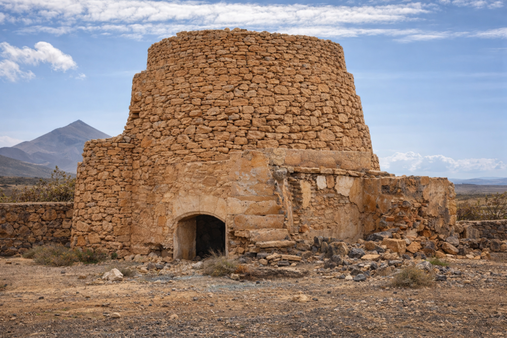 Antiguo horno de cal en Fuerteventura construido con piedra volcánica, estructura circular parcialmente derruida en paisaje árido con montaña al fondo y cielo parcialmente nublado.